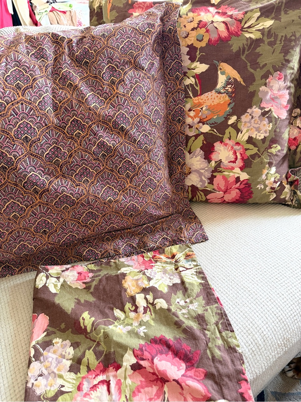 Pottery Barn Olivia Pheasant Bird Floral Euro Shams (3) 29.5x29.5”
